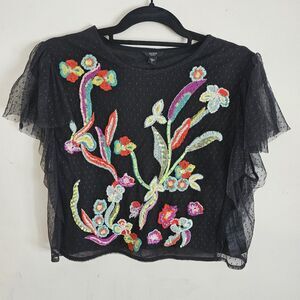Guess Embroidered Top Sz L Whimsy Goth Fairy Grunge Flutter Sleeve Boxy Crop Top